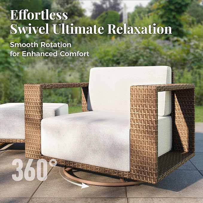 MIXPATIO Patio Furniture Set with Swivel Chairs, 7 Piece Outdoor Wicker Sofa Couch Set, Yellow Rattan Deep Seating Conversation Sets with 10" Thick Cushions, Low Profile Deck Lawn Garden Furniture