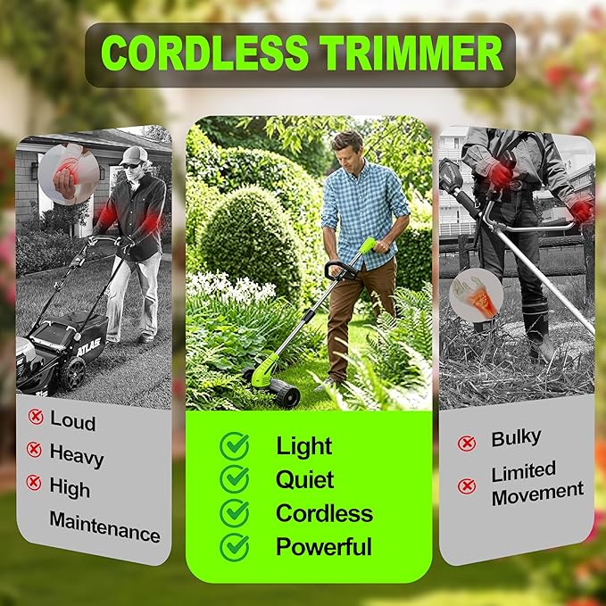 Electric Weed Wacker Cordless, 3-in-1 Wheeled Grass Trimmer with Height Adjustment, 2.0Ah Battery and 3 Types Blades for Yard, Lawn, Patio, Garden, Walkway, Fence & Branch Trimming, Green
