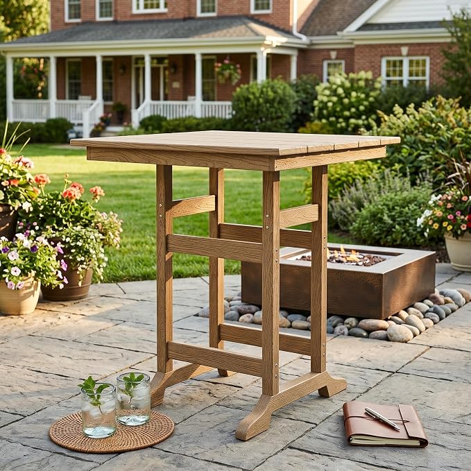 GarveeLife Outdoor Counter Height Bar Dining Table, HDPE Wood Grain Tall Bar Table – 39.6" High Square Pub Table, Cocktail Bistro Table Fits, for Patio, Garden, Poolside, Balcony & Yard (Brown)