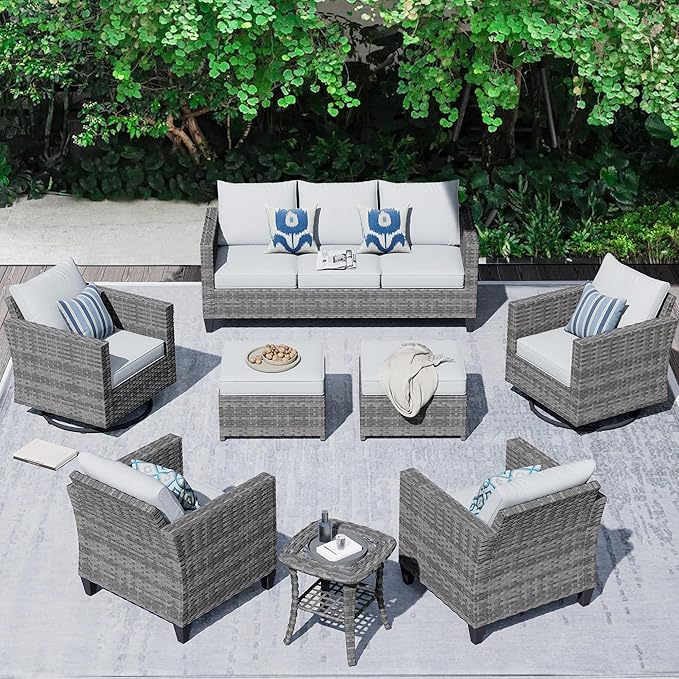 HOOOWOOO Wicker Patio Conversation Sets,8 Piece Outdoor Furniture Set with Swivel Rocking Chairs,All Weather Resistant Modern Outside Out Door Rattan Couch Chairs Side Table Set,Light Gray