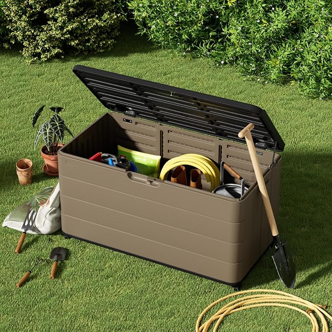 Mrosaa 110 Gallon Deck Box Waterproof with Wheels - Mobile Double-Wall Resin Outdoor Storage Box for Patio, Pool, & Garden - Lockable Deck Storage for Cushions, Pool Floats, Boat Slip (Brown)