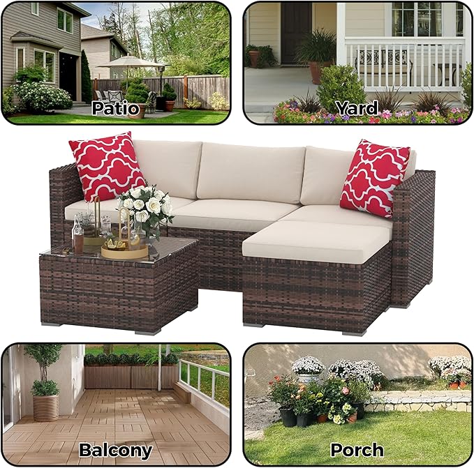 GAOMON 5-Piece Patio Furniture Set, All-Weather PE Rattan Sectional Sofa, Modular Outdoor Conversation Set with Metal Frame, Brown & Beige