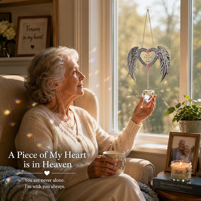 Sun Catcher Memorial Gifts A Piece of My Heart is in Heaven,Heavenly Wings Sympathy Gift for Loss of Loved One, Crystal Suncatcher for Windows, Bereavement & Grief Gift for Women, Remembrance Decor
