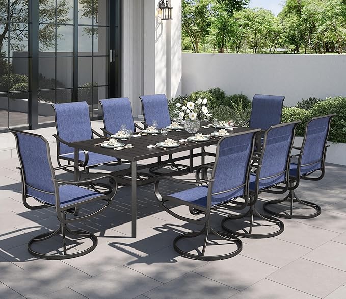 PHI VILLA 9 Piece Patio Table and Chairs Set for 8 Person, 82'' Rectangle Metal Slat Table and 8 Swivel Patio Chairs, All Weather Outdoor Dining Set for Deck Garden Yard (Blue)