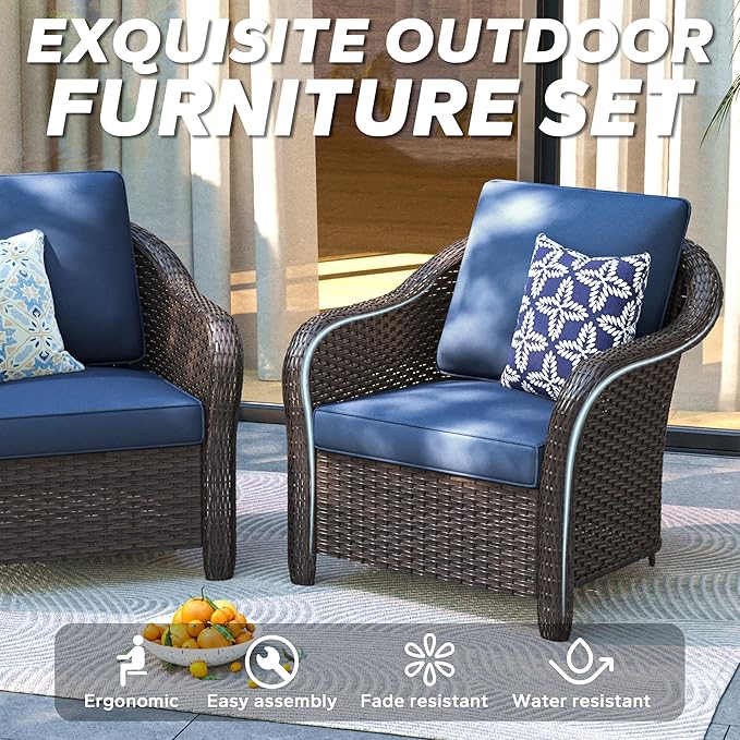 4 Pieces Patio Outdoor Conversation Furniture Set, 78" 3-Seat Couch, 2 Chairs, 47" Metal Coffee Table, Rattan Wicker Sofa with Washable Cushions for Garden, Deck (Navy Blue)