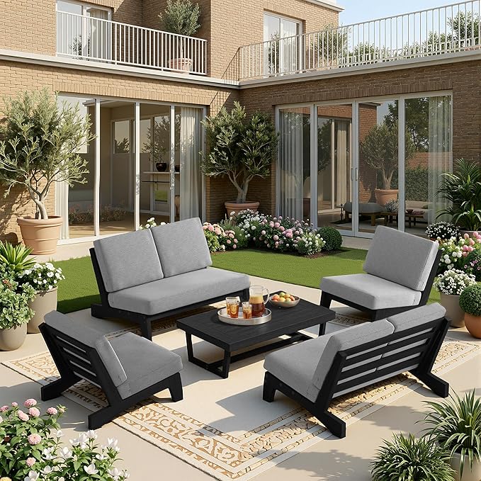 UIXE 5 Pieces All Weather Black Wood Patio Furniture Sets, 2 Patio Loveseat, 2 Patio Bistro Chair, Outdoor Sectional Sofa Furniture Backyard Conversation Set with Coffee Table - Gray