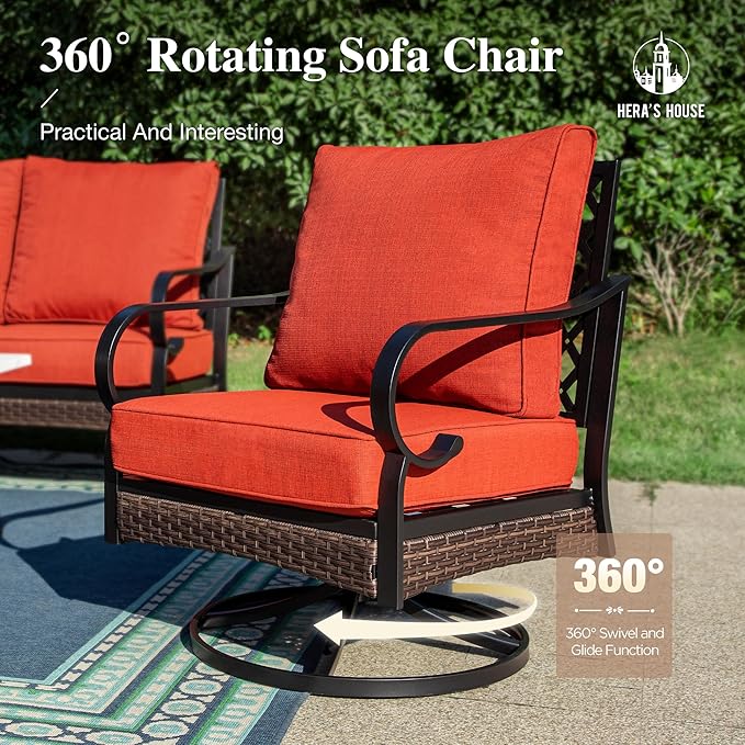 HERA'S HOUSE 5 Piece Metal Patio Furniture Set, 7 Seats All Weather Outdoor Conversation Set, 3 Seat Sofa with Loveseat, 2 Swivel Chairs, Coffee Table for Backyard, Garden, Deck, Red