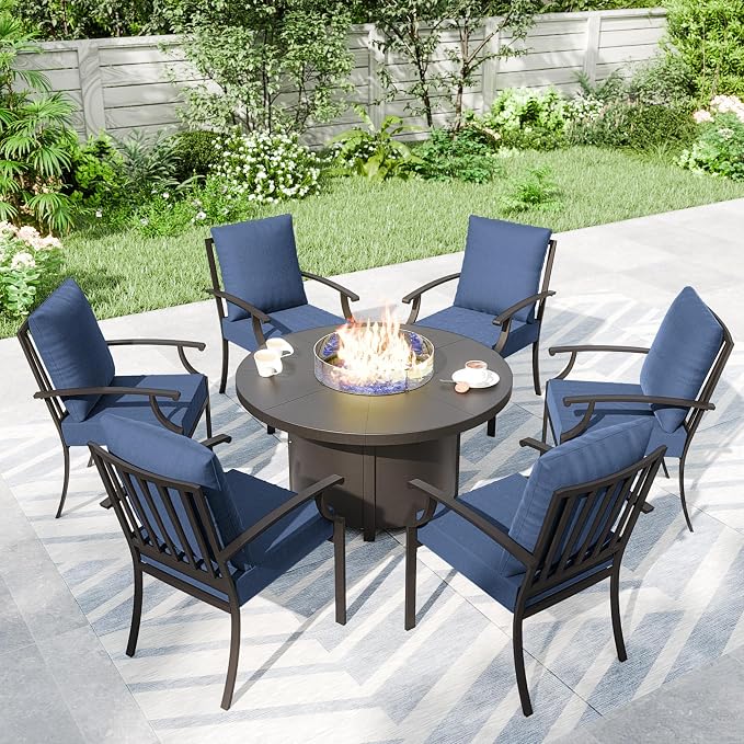 Kullavik 7 Piece Metal Outdoor Patio Furniture Set with Fire Pit Table,Outdoor Dining Table Set with 6 Fixed Chairs and 55000 BTU Outdoor Round Fire Pit,Navy Blue