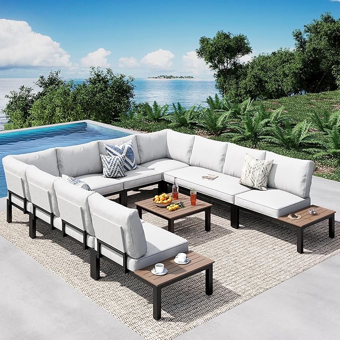 PHI VILLA Outdoor Sectional Furniture Set,9 Pieces Metal Patio Sectional Outdoor Couch Set,Modern Patio Conversation Sets with Coffee Table,Thickened Cushion,for Poolside and Backyard,Light Grey
