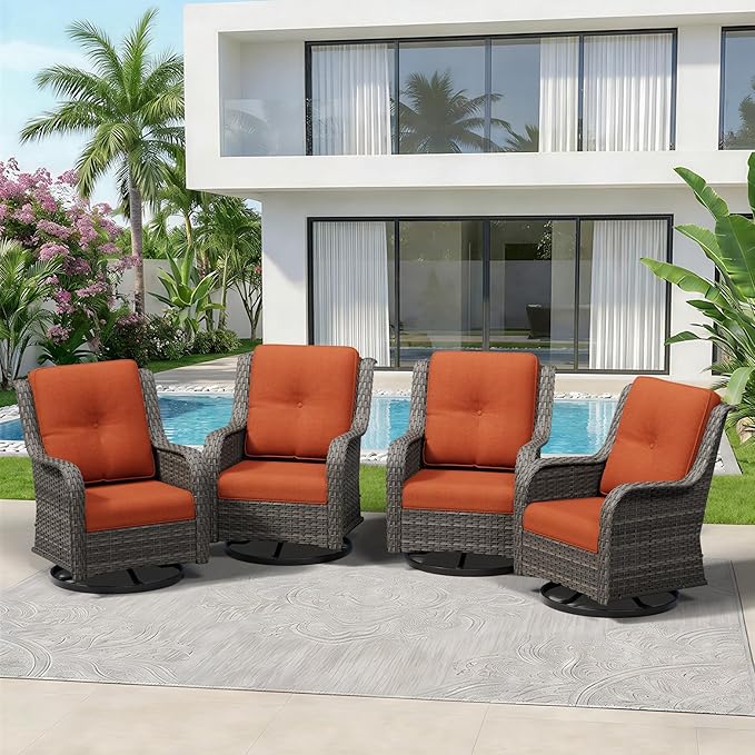 4 Piece Outdoor Swivel Rocker Patio Chairs Set, Patio Chairs Set of 4 with Thickened Olefin Cushions, High Back and Deep Seating, Hand-Woven PE Rattan for Porch, Deck, Orange