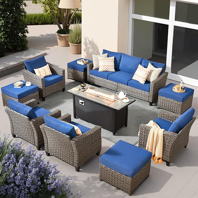 10 PCS Outdoor Patio Furniture 54in Set with Fire Pit Table, All-Weather Rattan Wicker Conversation Group with Deep Seating, High Back Comfort for Porch, Backyard, Blue