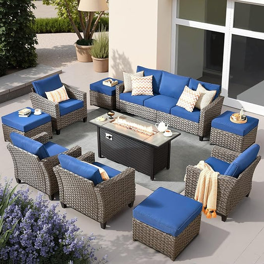 10 PCS Outdoor Patio Furniture 54in Set with Fire Pit Table, All-Weather Rattan Wicker Conversation Group with Deep Seating, High Back Comfort for Porch, Backyard, Blue