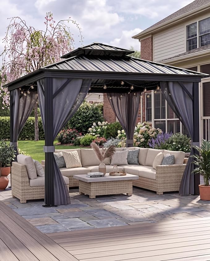 10 X10 ft Hardtop Gazebo, Galvanized Steel Double Roof with Curtains and Netting, Aluminum Frame Patio Gazebo for Patio, Garden and Lawn
