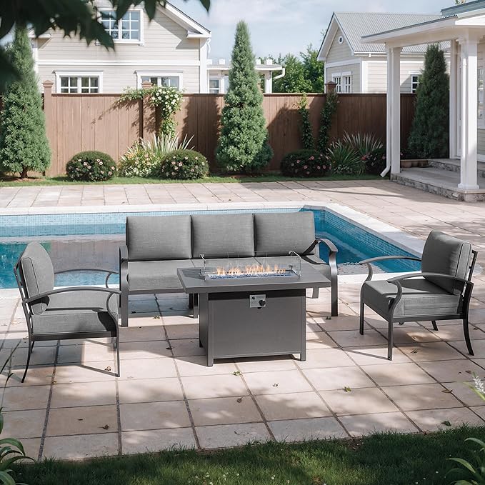 Kurapika Aluminum Patio Furniture Set 5-Seat Modern Metal Outdoor Conversation Sets w/45in Propane Fire Pit Table, w/5.1 Inch Cushion Patio Sectional Sofa, Grey