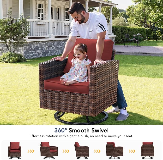 7 Pieces Patio Furniture Set with 44" Fire Pit Table, Outdoor Sectional Conversation Sets with Swivel Chair, Gas Fire Pit, Ottomans, Side Table, 4" Thick Cushion, for Backyard Garden Deck, Wine Red
