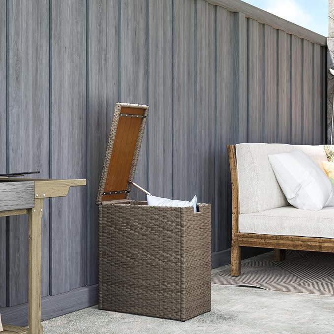 Deck Storage Box, Teak 17-Gallon Wicker Outdoor Storage Bin with Acacia Wood Top, Patio Storage Chest for Cushions Garden Tools Backyard Porch Deck