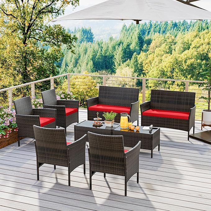 HAPPYGRILL 8 Pieces Outdoor Rattan Conversation Set, Patio Wicker Furniture Set with Loveseat Chairs & Tempered Glass Coffee Table, Outside Sectional Sofa Set for Backyard Garden Poolside, Red