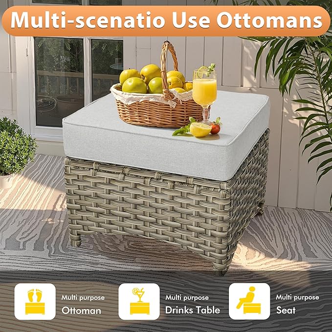 10 PCS Outdoor Patio Furniture Sets, Patio Conversation Sets Outside Rattan Soft Cushion Sofa with 4 Wicker Rocking Chairs & 54 in Fire Pit Table Fit Backyard Porch Garden Poolside Balcony,Light Grey