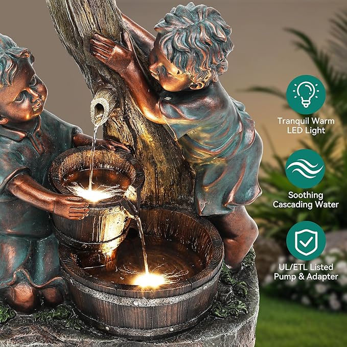 31" H Boy & Girl Outdoor Water Fountain with LED Lights, Faux Bronze Resin Statue Fountain, Wood Barrel & Pagoda Design, 3-Tier Cascading Waterfall for Serene Patio, Yard and Porch