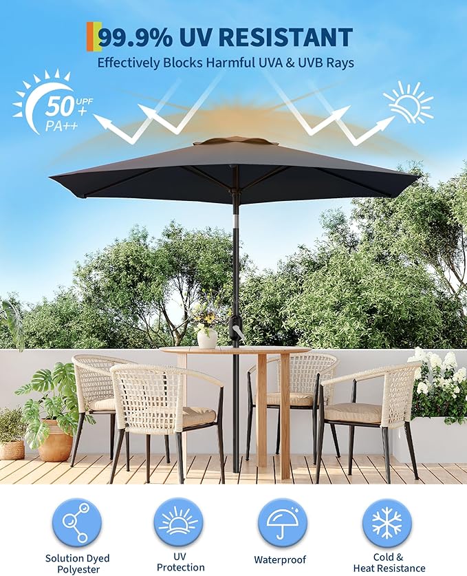 GarveeLife 7.5 ft Outdoor Patio Umbrella, Outdoor Table Umbrella, Market Umbrella with Push Button Tilt and Crank, 6 Sturdy Ribs UV Protection Waterproof for Garden, Deck, Backyard, Pool (Grey)
