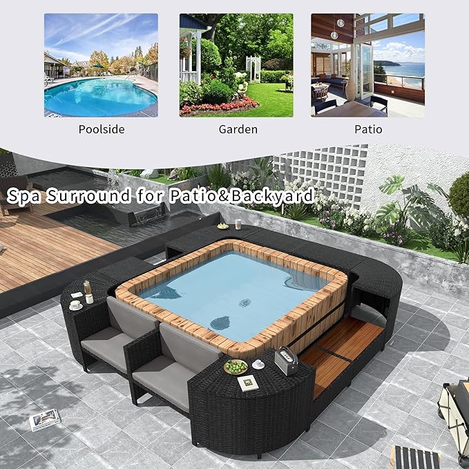 LUMISOL Spa Surround Spa Frame, Quadrilateral Outdoor Rattan Sectional Sofa Set with Sofa, Wood Seats and Storage Spaces for Free Combination, Patio Conversation Set for Poolside Garden, Gray