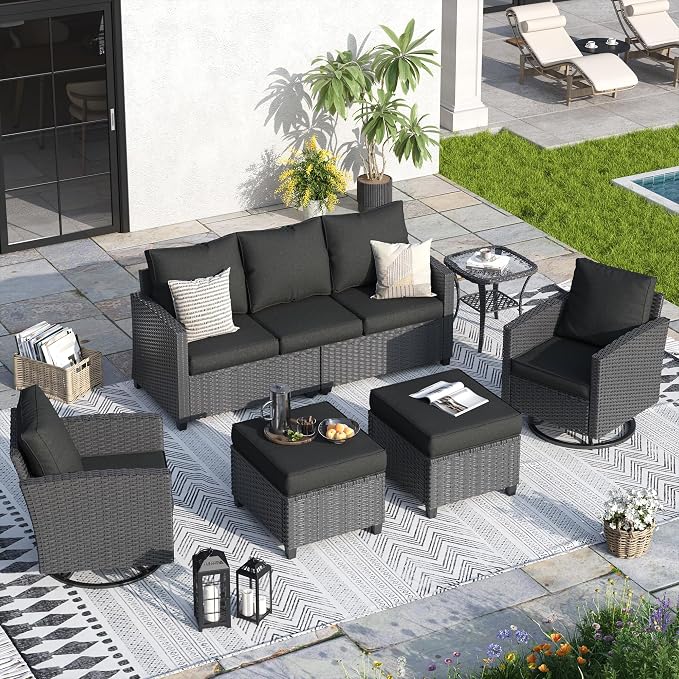 Patio Furniture Set, 6 Pcs Patio Outdoor Sectional, Wicker Outdoor Couch with Swivel Chair, Ottomans, Side Table, 4" Thick Cushion, for Garden Backyard Deck.Black