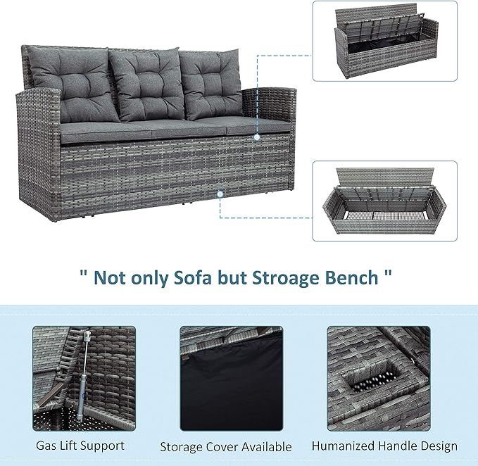LUMISOL 5 Pieces Patio Furniture Set, PE Rattan Sectional Conversation Sofa, Outdoor Wicker Conversation Set with Tempered Glass Table & Storage Bench for Patio, Balcony, Backyard, Gray