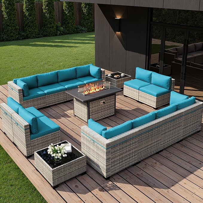 15-Piece Outdoor Patio Furniture Set with 55,000 BTU Fire Pit Table, PE Wicker Rattan Sectional Sofa Conversation Set - All-Weather Garden, Backyard Furniture, Turquoise