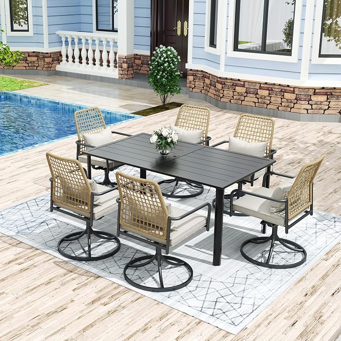 Anmutig Outdoor Dining Table for 6-8 Person Weather-Resistant Patio Table with Umbrella Hole, 63L x 38W x 29H inches, Black Metal Frame Easy Install Black Outdoor Table for Backyard Garden Lawn