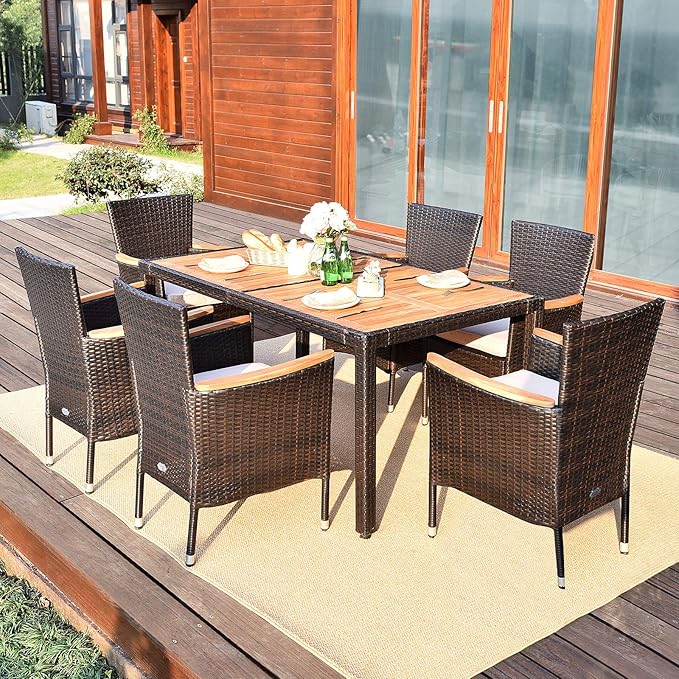 Tangkula 7 PCS Outdoor Patio Dining Set, Garden Dining Set w/Acacia Wood Table Top, Stackable Chairs with Soft Cushion, Poly Wicker Dining Table and Chairs Set (Brown)