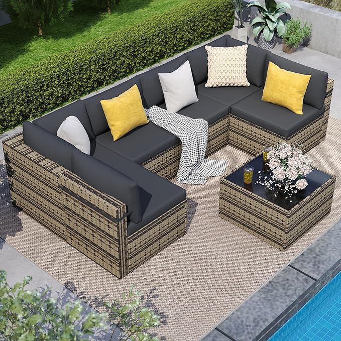 7-Piece Outdoor Sectional Sofa Set, Weather-Resistant Patio Furniture Set with Washable Cushions and Coffee Table, Brown Rattan Patio Conversation Set for Poolside, Backyard, Deck (Black)