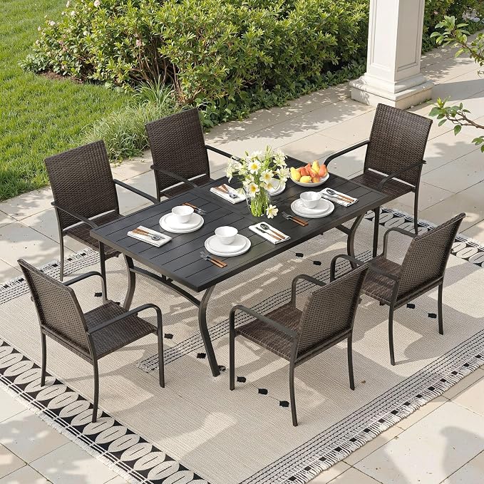 Outdoor Dining Set for 6, 63.1" Metal Rectangular Outdoor Dining Table with Umbrella Hole and Wicker Stackable Patio Chairs, 7 Pieces Patio Table and Chairs Set for Garden Backyard, Black