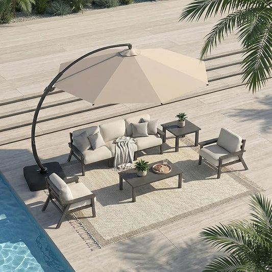 7 Piece Patio Conversation Sets, Outdoor Couch with Washable Thick Beige Cushions, HDPE Patio Furniture Set with 12FT Umbrella, Outdoor Sectional Furniture for Backyard (Grey Frame)