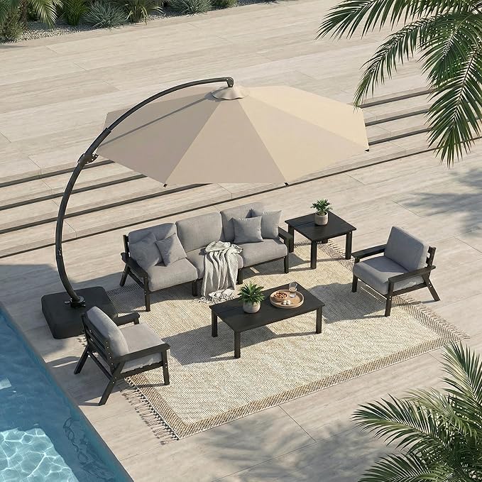 7 Piece Patio Conversation Sets, Outdoor Couch with Washable Thick Gray Cushions, HDPE Patio Furniture Set with 12FT Umbrella, Outdoor Sectional Furniture for Backyard (Black Frame)