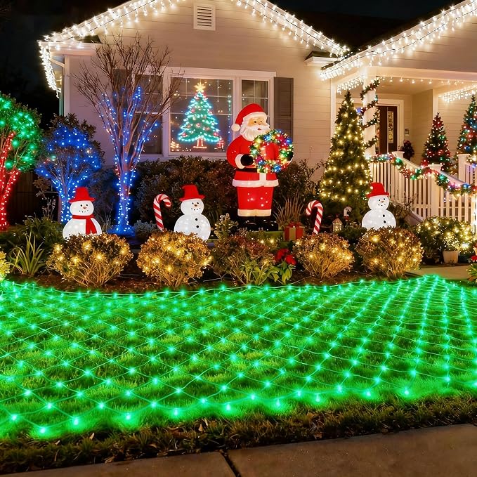 14.8x4.9 ft Net Lights, 300 LED Outdoor Green Halloween Lights with 8 Lighting Modes, Connectable Waterproof Mesh String Fairy Light for Bushes Tree Garden Christmas Decor | 300 LED Large Net Mesh Lights Plug in, 8 Modes Waterproof Connectable Bushes L...