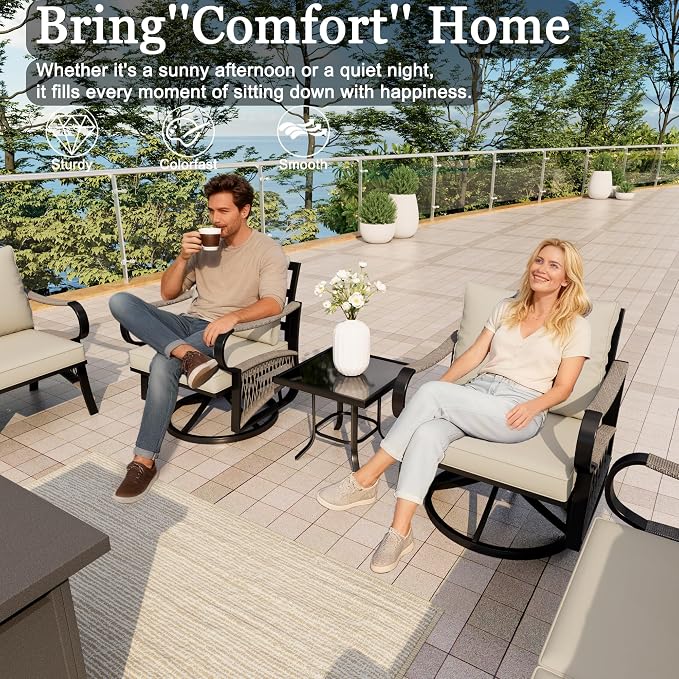 7-Piece Outdoor Furniture Set, Metal Swivel Rocking Chairs with All-Weather Cushions, Patio Conversation Set with Fire Pit Table for Deck, Porch, Garden, Backyard, Poolside (Beige Cushions)