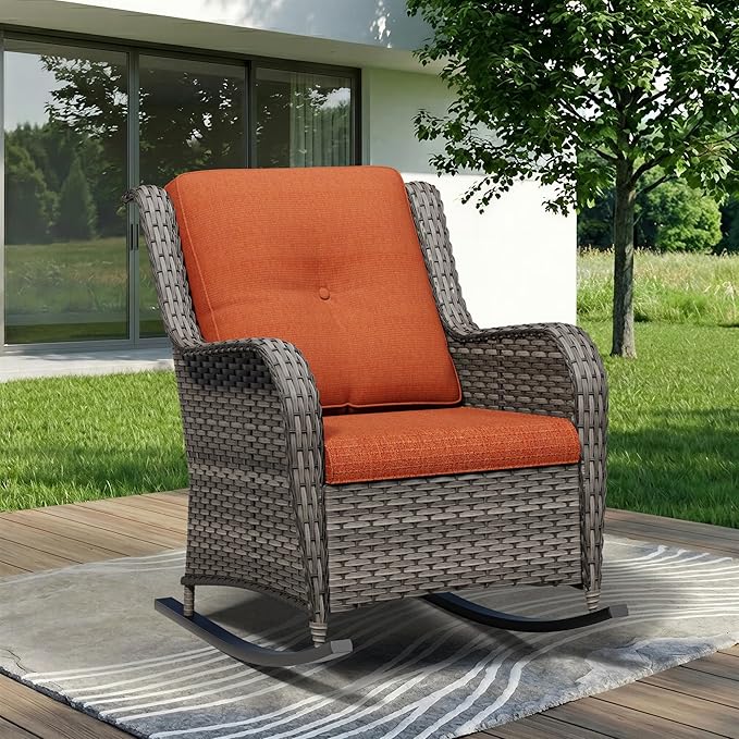 Outdoor Rocking Chair, Wicker Patio Chair with Thickened Olefin Cushions, High Back and Deep Seating, Hand-Woven PE Rattan for Porch, Deck, Balcony, Orange