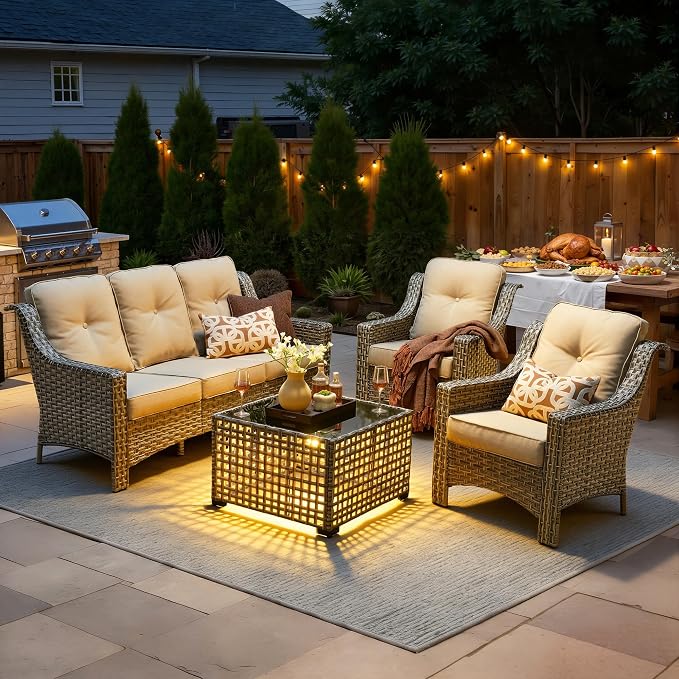 4 Piece Outdoor Patio Furniture Set, All Weather Waterproof Wicker High Back Conversation Set, Two Single Chairs, Solar Light Coffee Table, Outside Furniture for Porch Balcony, Beige