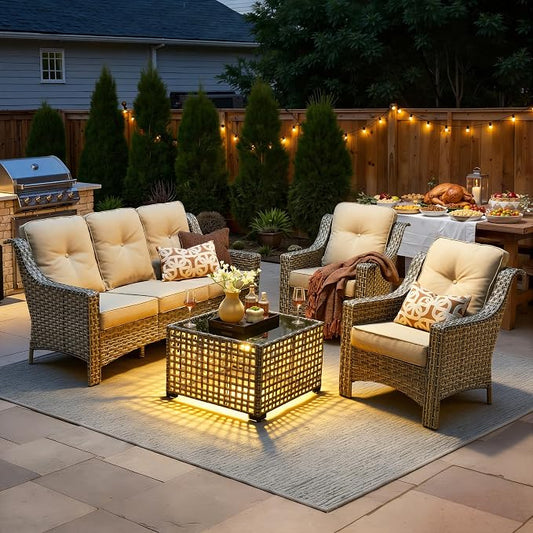 4 Piece Outdoor Patio Furniture Set, All Weather Waterproof Wicker High Back Conversation Set, Two Single Chairs, Solar Light Coffee Table, Outside Furniture for Porch Balcony, Beige