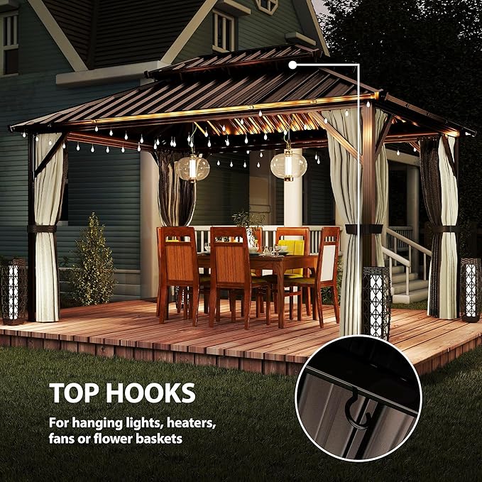 Outsunny 10' x 14' Hardtop Gazebo with UPF50+ Double Galvanized Steel Roof Canopy, Aluminum Frame Permanent Outdoor Gazebo with Curtains and Netting, Ceiling Hooks, Brown