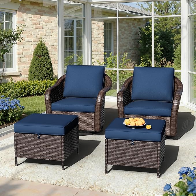 Outdoor Swivel Chairs Set with Ottomans, 4 PCS Patio Conversation Furniture Set with Removable Cushions, All-Weather Wicker Furniture for Porch, Backyard, Deck, Sunroom (Navy Blue)