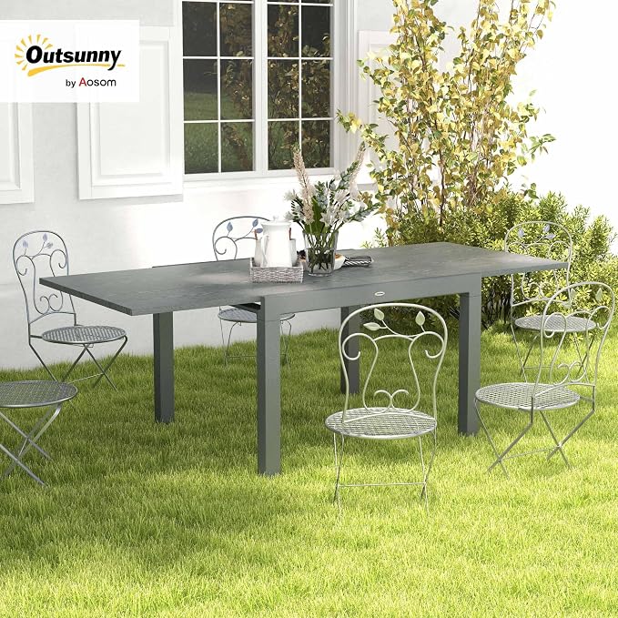 Outsunny Extendable Outdoor Dining Table, 41"- 83" Aluminum Frame Patio Table with Wood Effect Steel Top, Rectangle Expandable for 6-8, Dark Gray