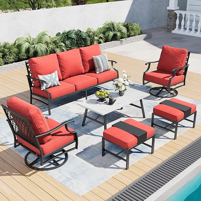 6 Piece Metal Outdoor Patio Furniture Set, Patio Conversation Sets 1 3-Seater Sofa, 2 Swivel Chair, 2 Ottomans with 5.75" Thick Cushion and Coffee Table, Black Backyard Furniture, Red