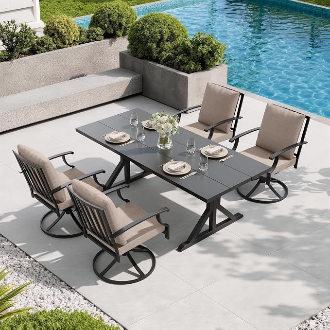 5 Pieces Patio Dining Set Outdoor Conversation Set,Metal Outdoor Furniture Set with Umbrella Hole Cut-Out 78.7" x 35.4" Table and 4 Metal Backrest Swivel Chairs for Backyard,Garden,Sand