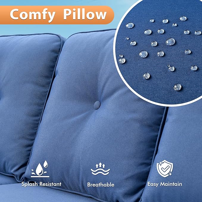 Outdoor Patio Furniture Sets, 4 PCS Patio Conversation Set Outside Rattan Sofa with Solar Light Coffee Table Comfy Cushions Fit Backyard Porch Garden Poolside Balcony,Navy Blue