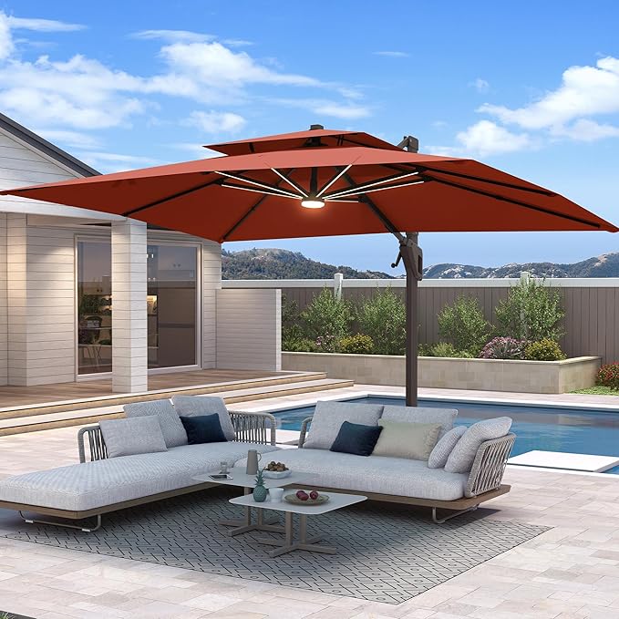 10 X 13 FT Cantilever Patio Umbrella with Led Lights Outdoor Rectangle Offset Large Double Top Heavy Duty Umbrellas with 360°Rotation for Pool Deck Backyard Garden, Wine Red