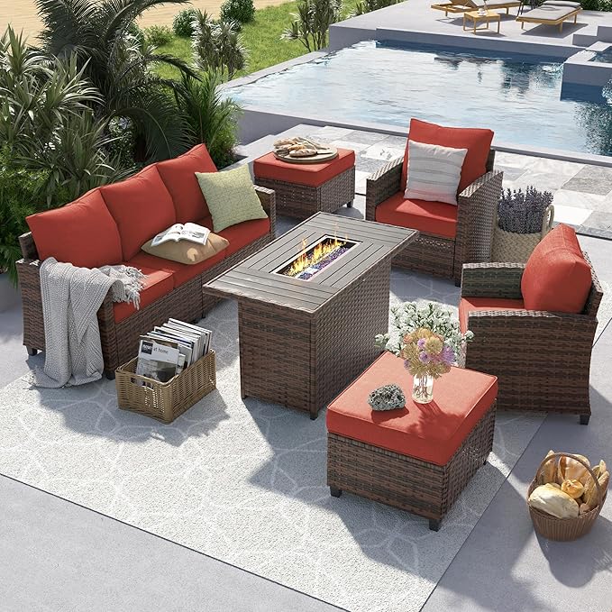 UDPATIO Patio Furniture Set with 44" Fire Pit Table, All-Weather Wicker Rattan Sofa Ottoman, 6 Pieces Outdoor Sectional Conversation Sets with 4" Thick Cushion for Poolside Backyard Deck, Wine Red