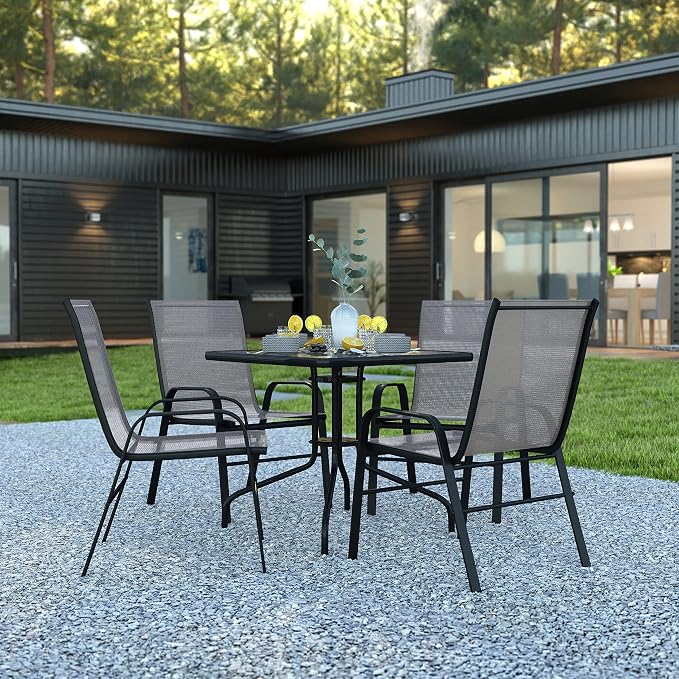 Flash Furniture Brazos 5 Piece Outdoor Patio Dining Set - 4 Gray Flex Comfort Stack Chairs - 31.5" Square Tempered Glass Patio Table