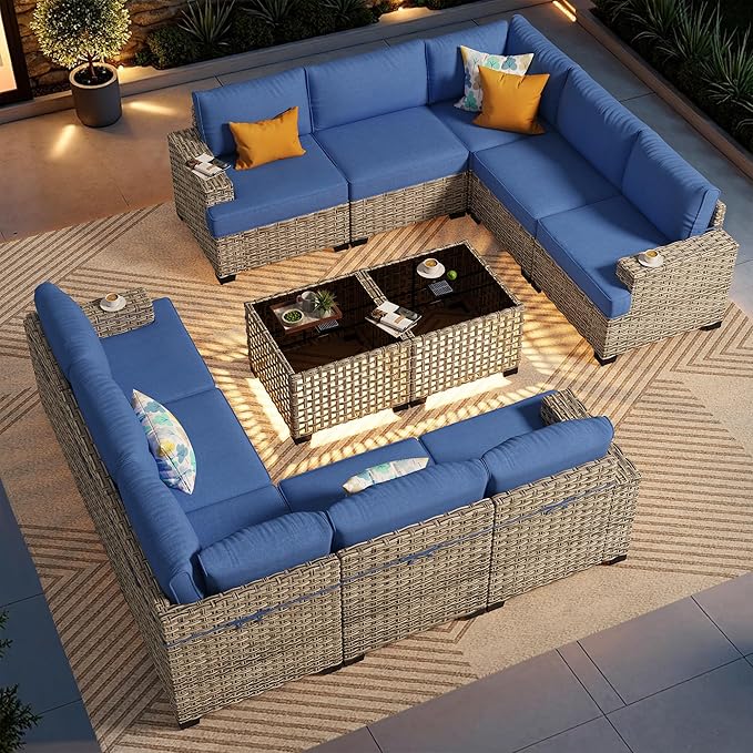 Patio Furniture Sets 12 Pieces Outdoor Sectional Rattan Sofa Manual Weaving Wicker Patio Conversation Set with Ottomans and T Cushion(Blue)