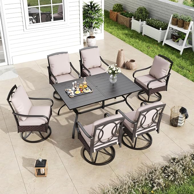 MFSTUDIO Outdoor Patio Dining Set for 6, Outdoor Table and Chairs for 6, Patio Rectangular Metal Table with Swivel Chairs, 7 Pieces Outdoor Dining Furniture Set, 1.6-2'' Umbrella Hole